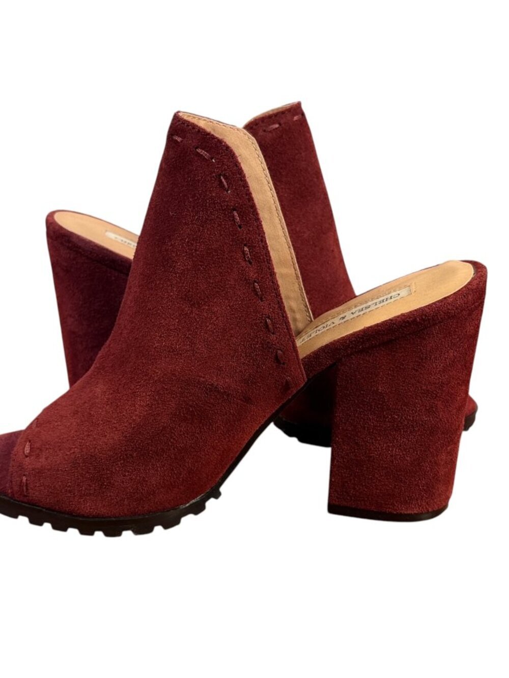 Chelsea & Violet Burgundy Faux Suede Peep Toe Mule Heels Size 10M Block Heel Boo - Picture 7 of 11